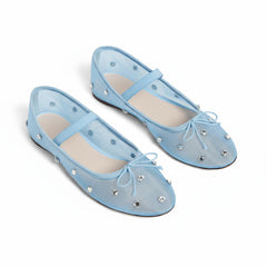 Tuhoomall Comfortable Rhinestone Ballet Flats for Women - Casual Blue Mesh Slip-On Shoes with Low Heel and Round Toe