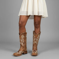 Tuhoomall Retro Floral Embroidered Mid Calf Boots for Women, Comfortable Slip-On Chunky Heel Design, Perfect for Casual Lifestyle