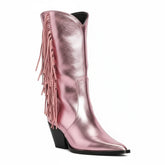 Tuhoomall Western Mid Calf Boots for Women, Metallic Bright Surface with Fringe, Slip-On, Casual Style, Chunky Heel, Perfect for Parties and Performances Tuhoomall