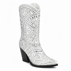 Tuhoomall Western Style Chunky Heel Boots for Women, 10cm Faux Suede with Rivet and Rhinestone Accents, Easy Zipper Closure for Parties and Performances