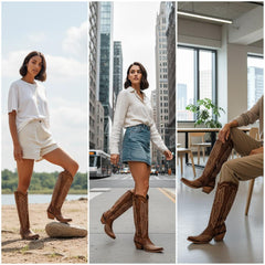 Tuhoomall Western Knee-High Cowgirl Boots with Chunky Heel and Floral Embroidery for Outdoor Fashion and Casual Wear