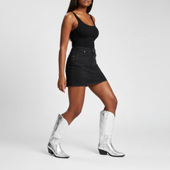 Tuhoomall Silver Metallic Knee High Western Boots for Women with Block Heel, Stylish Embroidered Full-Grain Leather, Easy Pull-On, Perfect for Casual Fashion