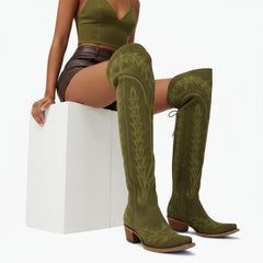 Tuhoomall Western Knee High Boots for Women, Floral Embroidery, Rubber Sole, Adjustable Buckle, Chunky Heel, All-Season Casual Wear