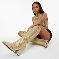 Tuhoomall Rhinestone Western Mid-Calf Boots for Women, Stylish 3.15 in Chunky Heel, Vegan Suede, Perfect for Parties and Performances