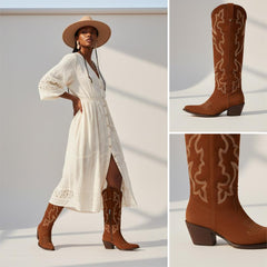 Tuhoomall Western Knee-High Boots with Elegant Embroidery, Stylish Mid Heel for Casual and Office Wear, Durable Faux Suede Leather, All-Season Fashion