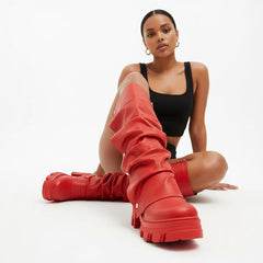 Tuhoomall Gothic Knee-High Boots for Women, Comfortable Chunky Heel, Stylish Slip-On Design for Casual Street Outings