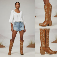 Tuhoomall Tuhoomall Western Knee-High Boots for Women, Floral Embroidered Design, Perfect for Parties, Office, and Casual Wear, 7.5 cm Classic Mid Chunky Heel