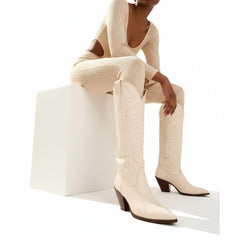 Tuhoomall Western Boots for Women with Embroidery, Chunky Heel 2.00 in, Mid-Calf Length, Vegan Leather, Casual Fashion Footwear, All Seasons