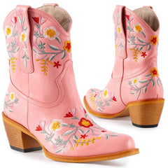 Tuhoomall Stylish Western Ankle Boots with Floral Embroidery, Rubber Sole, Chunky 5cm Heel for Classic and Casual Looks