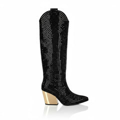 Tuhoomall Rhinestone Western Mid-Calf Boots for Women, Stylish 3.15 in Chunky Heel, Vegan Suede, Perfect for Parties and Performances