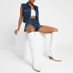 Tuhoomall Western Over-the-Knee Boots with Chunky Heel, Embroidered Vegan Leather for Fashionable Travel & Classic Style, Thigh-High Solid Color Design