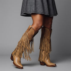 Tuhoomall Western Knee-High Cowboy Boots, Chunky Heel, Fringe & Studs, Retro Style, Casual Wear, All Seasons