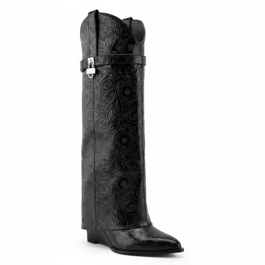 Tuhoomall Trendy Wedge Heeled Ankle Boots with Graphic Print for Parties and Fashion Shows, Slip-On Design, Relaxed Comfort Tuhoomall