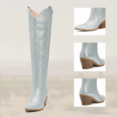 Tuhoomall Western Over-Knee Cowboy Boots With Chunky Heel, Rhinestone-Studded Vegan Leather, Casual All-Season Style, Round Toe, Zipper Closure Tuhoomall