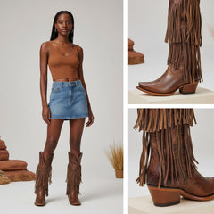 Tuhoomall Western Knee-High Cowboy Boots, Chunky Heel, Fringe & Studs, Retro Style, Casual Wear, All Seasons