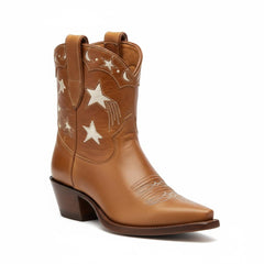 Tuhoomall Western Cowboy Ankle Boots for Women, Vegan Leather, Chunky 2" Heel, Snip Toe Design, Stylish Star Appliqué, All-Season Fashion