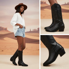 Tuhoomall Western Chunky Heel Women's Cowboy Boots, Comfortable Slip-On, Retro Embroidered Design, Non-Slip Sole for Travel and Casual Wear