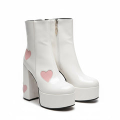 Tuhoomall Chunky Heeled Ankle Boots for Women, Heart Pattern, Zipper Closure, All-Season Fashion, Perfect for Parties and Travel