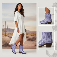 Tuhoomall Metallic Western Ankle Boots for Women - Stylish Slip-On Design with Embroidered Floral Pattern, Casual All-Season Footwear