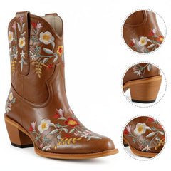 Tuhoomall Stylish Western Ankle Boots with Floral Embroidery, Rubber Sole, Chunky 5cm Heel for Classic and Casual Looks