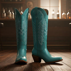 Tuhoomall Western Cowboy Knee-High Boots for Women, Stylish Floral Embroidery, Comfortable Chunky Heels, Slip-On Design, All-Season Fashion Tuhoomall