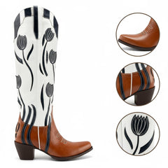 Tuhoomall Western Style Mid Calf Boots With Floral Embroidery - Casual Fashion Footwear For Travel And Parties, 2.00 In Heel, Snip Toe Design