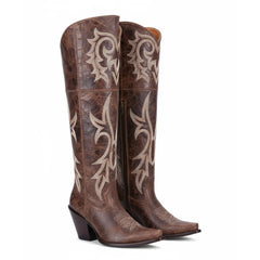 Tuhoomall Western Over-the-Knee Boots for Women, Chunky Heel, Snip-Toe, Embroidered, Slip-On, Distressed Style for Parties and Casual Outings