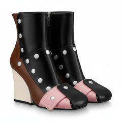 Tuhoomall Fashion Ankle Booties With Zip And Studs, Chunky Wedge Heel, Stylish For Parties And Casual Outings, All-Season Wear