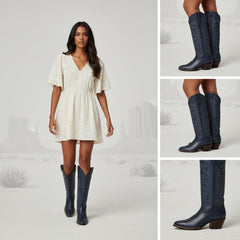 Tuhoomall Western Boots for Women with Embroidery, Chunky Heel 2.00 in, Mid-Calf Length, Vegan Leather, Casual Fashion Footwear, All Seasons