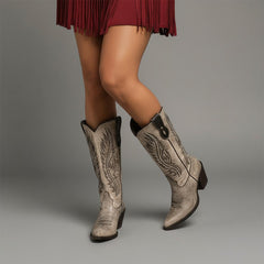 Tuhoomall Retro Studded Mid Calf Boots for Women, Pointed Toe Chunky Heel Slip-On Footwear, Stylish Casual Performance Design