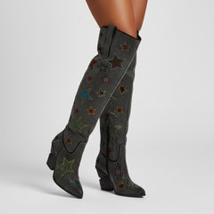 Tuhoomall Western Rhinestone Over-The-Knee Boots for Women, 9.5 cm Irregular Heels, Sparkling Slip-On Stylish Casual Footwear