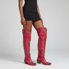 Tuhoomall Western Knee High Boots for Women, Floral Embroidery, Rubber Sole, Adjustable Buckle, Chunky Heel, All-Season Casual Wear