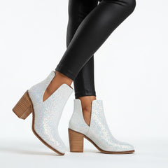 Tuhoomall Glitter Ankle Boots for Women, 3-Inch Chunky Heel, Shiny Pointed Toe, Perfect for Parties and Fashion Events