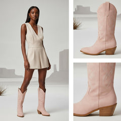 Tuhoomall Western Chunky Heel Women's Cowboy Boots, Comfortable Slip-On, Retro Embroidered Design, Non-Slip Sole for Travel and Casual Wear