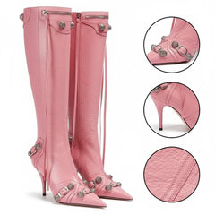 Tuhoomall Comfortable Knee-High Fashion Boots with Zip and Studded Design, 10cm High Heel for Parties, Weddings, and Everyday Stylish Looks