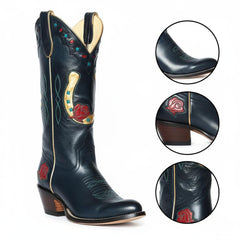 Tuhoomall Western Cowgirl Boots, Mid Calf Chunky Heel Slip-On, Floral Star Pattern, Comfortable Short Boots for Fashion Casual Lifestyle Tuhoomall