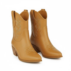 Tuhoomall Western Ankle Boots with Embroidered Pattern, 5cm Chunky Heel, Slip-On Design for Fashion and Travel, Durable Synthetic Fabric Lining