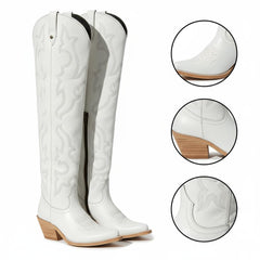 Tuhoomall Western Knee-High Boots with Elegant Embroidery, Stylish Mid Heel for Casual and Office Wear, Durable Faux Suede Leather, All-Season Fashion