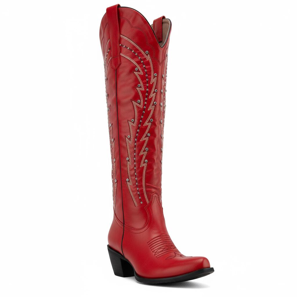 Tuhoomall Western Knee-High Boots with Studs and Rhinestones, Low Chunky Heel 2.25 in, All-Season Fashionable Casual Footwear Tuhoomall