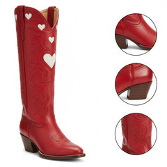 Tuhoomall Western Knee High Boots With Rubber Sole, 5cm Chunky Heel, Embroidered Sweet Pink Hearts For Casual Fashion All Year Round