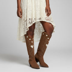 Tuhoomall Western Knee High Boots With Rubber Sole, 5cm Chunky Heel, Embroidered Sweet Pink Hearts For Casual Fashion All Year Round