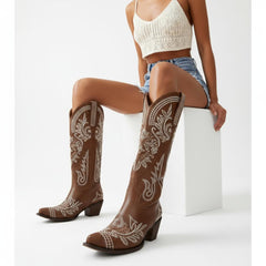 Tuhoomall Western Cowgirl Boots, Slip-On Mid Calf with Chunky Heel, Floral Embroidery for Parties and Casual Wear
