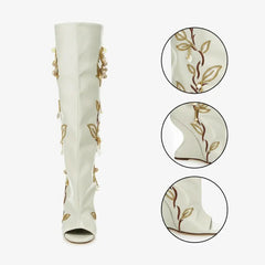 Tuhoomall Over-The-Knee Floral Embellished Heeled Boots for Party and Dance - Stylish Slip-On Design with Rhinestone and Sequin Detail Tuhoomall