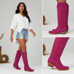 Tuhoomall Western Mid-Calf Boots for Women with Chunky Heel, Zipper Closure, Embroidered Faux Suede and Rivets, Casual Fashion for All Seasons