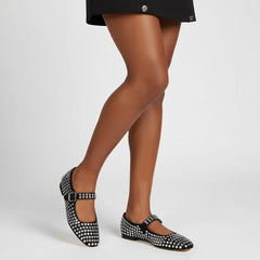 Tuhoomall Stylish Mary Jane Flats with Sparkling Studs, Pointed Toe, Low Heel for Fashionable Casual Wear