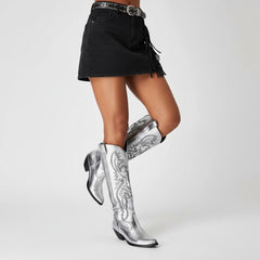 Tuhoomall Western Mid Calf Boots for Women, Embroidered Pointed Toe, Chunky Heel, Slip-On Design for Casual Style