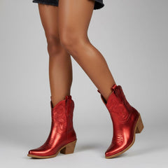 Tuhoomall Comfortable Western Ankle Boots for Fashion, Travel, and Leisure - Embroidered Genuine Leather, 5.5cm Chunky Heel, Slip-On Design