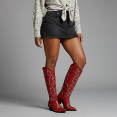 Tuhoomall Western Knee-High Boots with Elegant Embroidery, Stylish Mid Heel for Casual and Office Wear, Durable Faux Suede Leather, All-Season Fashion
