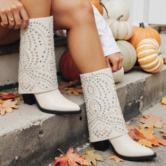 Tuhoomall Western Cowboy Boots For Women, Mid-Calf Foldable Design, Trendy Geometric Pattern, Chunky Heel, Sparkling Studs, Perfect For Outdoor Fashion