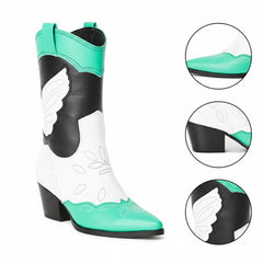 Tuhoomall Colorful Metallic Western Mid Calf Boots with Embroidery, Pointed Toe, Comfort Block Heel for Casual Wear